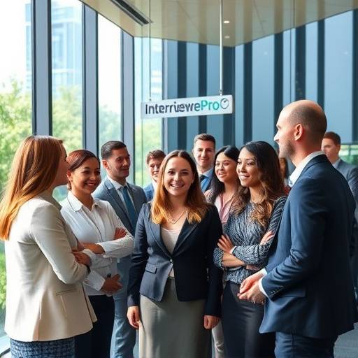A diverse team of professionals standing in front of the InterviewPrepPro office building in Sydney.