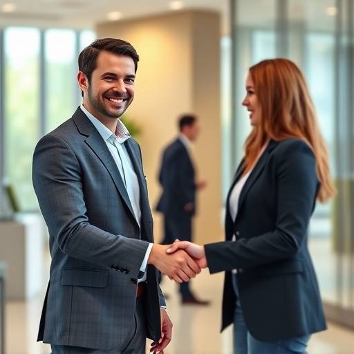 A smiling professional shaking hands with an interviewer, representing a successful job interview.