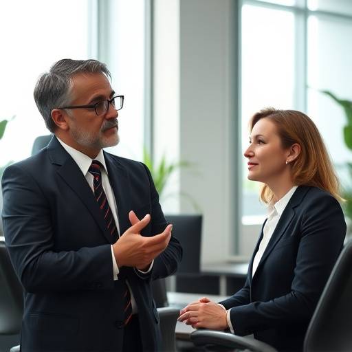 Two professionals having a conversation in an office setting, illustrating a behavioral interview scenario.